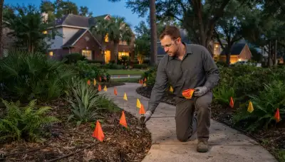 Houston, TX electrician places marker stakes to plan residential landscape lighting along garden beds and walkways